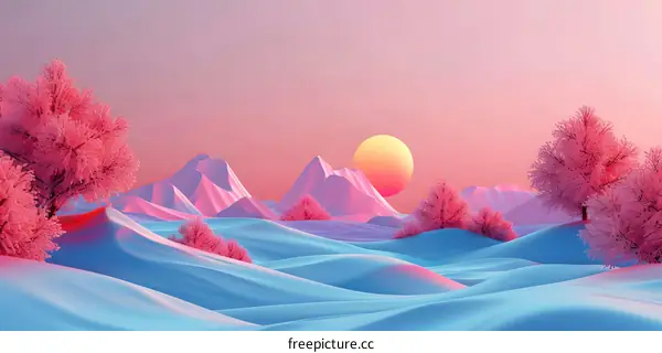 Pink and blue landscape with pink trees and a setting sun