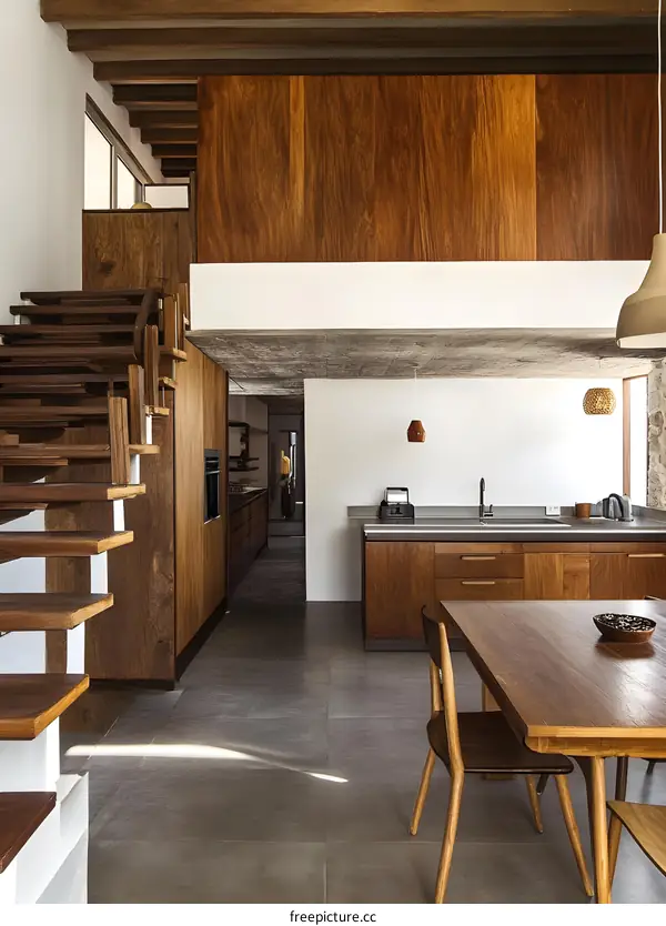 Modern Minimalist Kitchen with Wooden Staircase and Dining Table