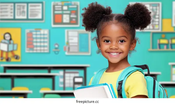 Happy African American Girl Holding Books in Classroom