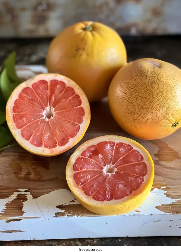 Fresh Cut Pink Grapefruit on Wooden Cutting Board