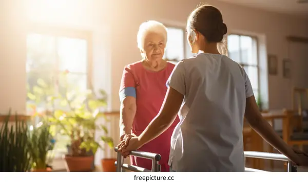 A young nurse assisting an elderly woman with walking
