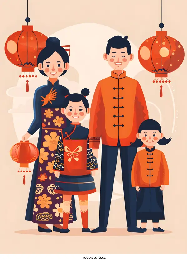 Chinese Family Celebrating The New Year With Red Lanterns