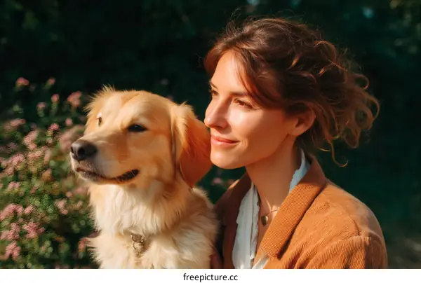 Woman and Golden Retriever Outdoors in Sunlight