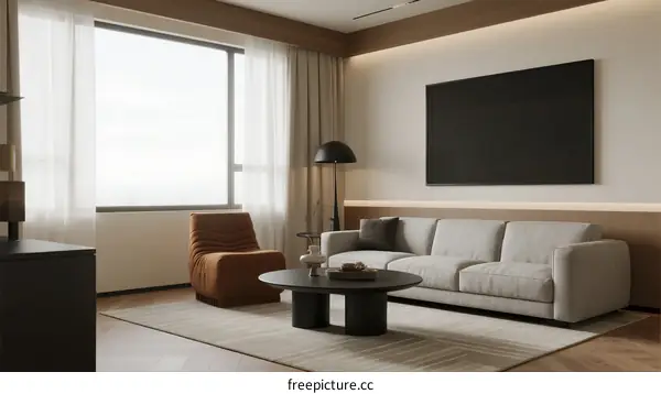 Modern living room with large window and minimalist furniture