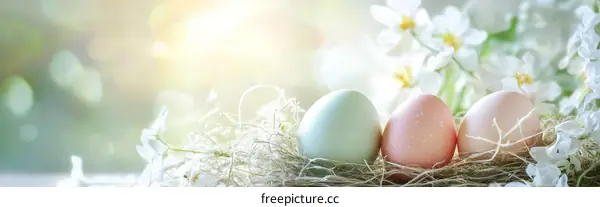 Three Easter Eggs in a Nest with Flowers