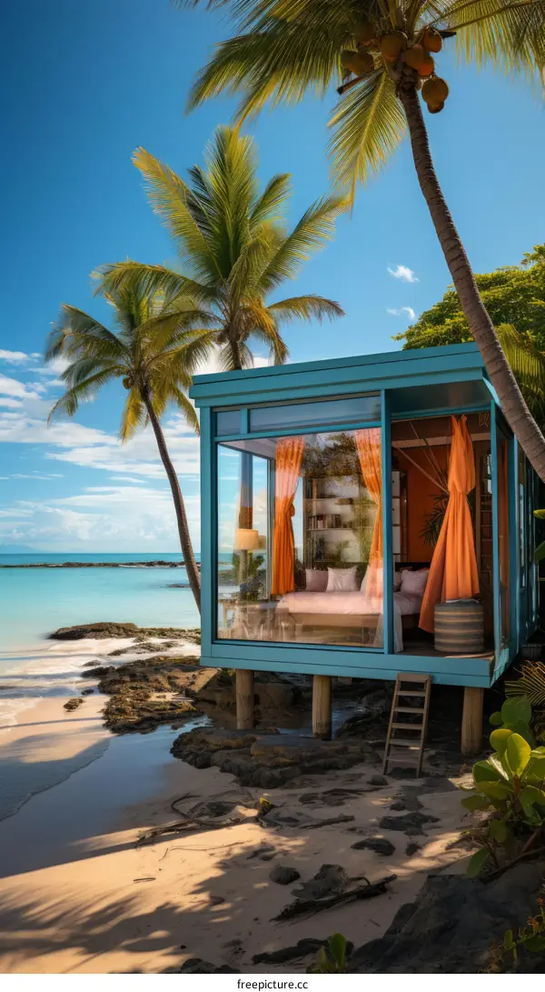 Small beach house with big glass windows surrounded by palm trees