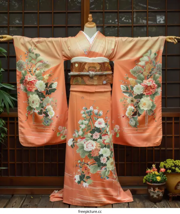 A woman wearing a kimono with floral embroidery