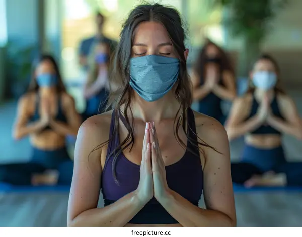 A group of people wearing masks and sitting in a yoga class