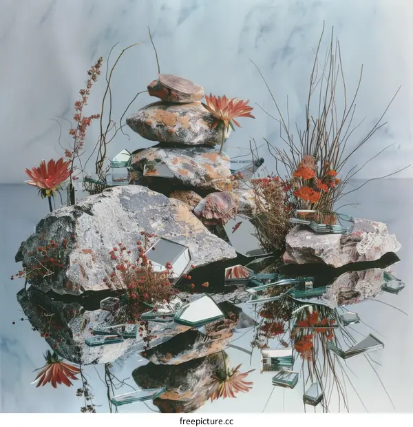 Still life with rocks, flowers, and mirrors