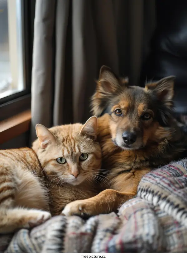A ginger cat and a dog are lying on a blanket together