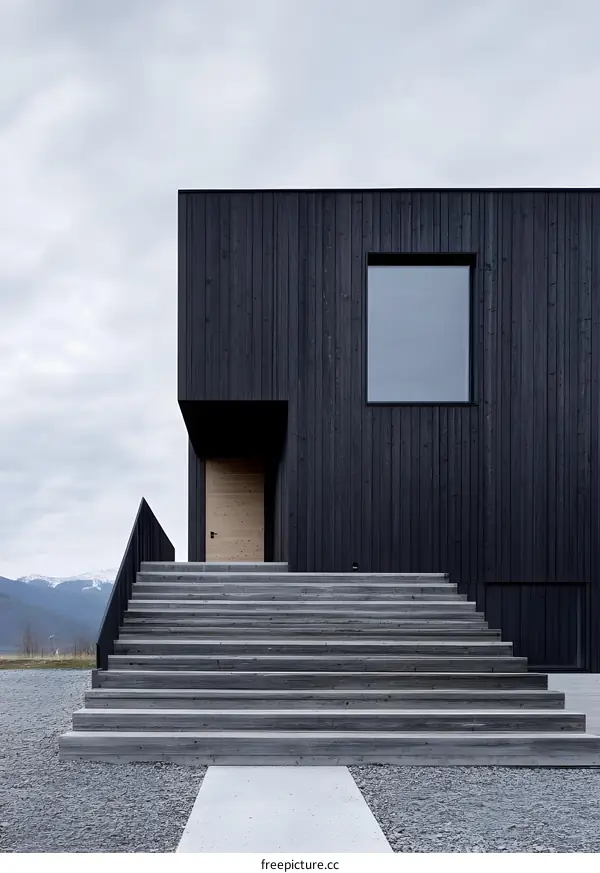 Modern Black Wooden House With Stairs and Window