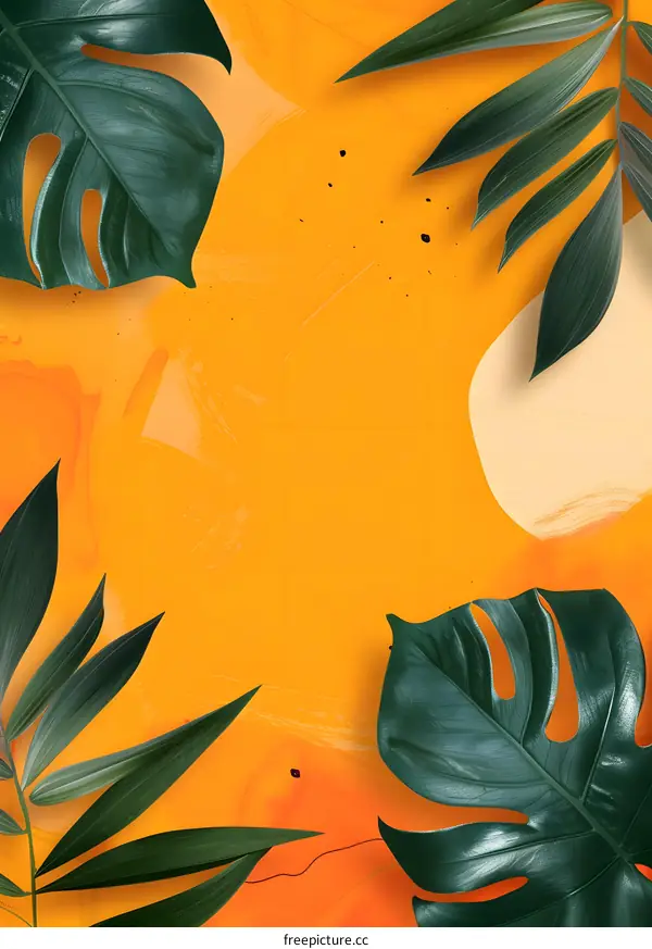 Green Tropical Leaves on Orange Background