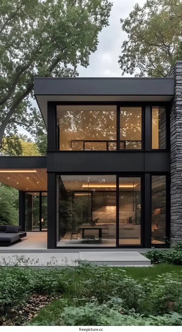 Modern Black House with Large Windows and Patio