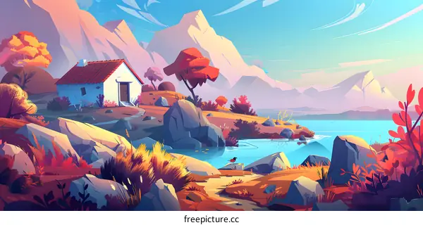 Mountain Landscape with House and Lake