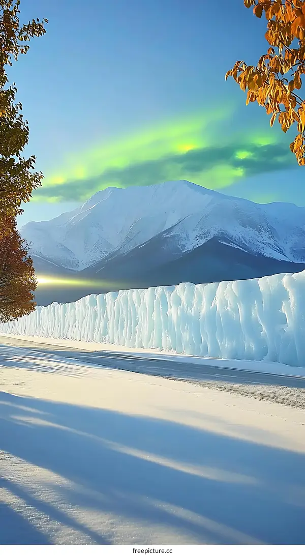 Frozen Wall and Snow Covered Mountains Under a Green Aurora Borealis
