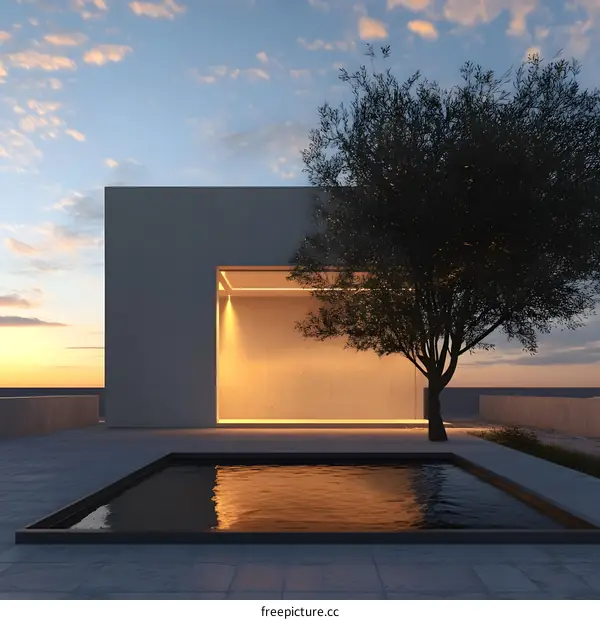 Minimalist Architecture with Olive Tree and Pool