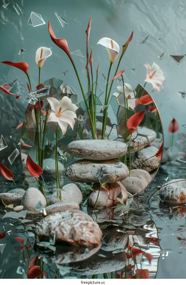 Still life with flowers and rocks