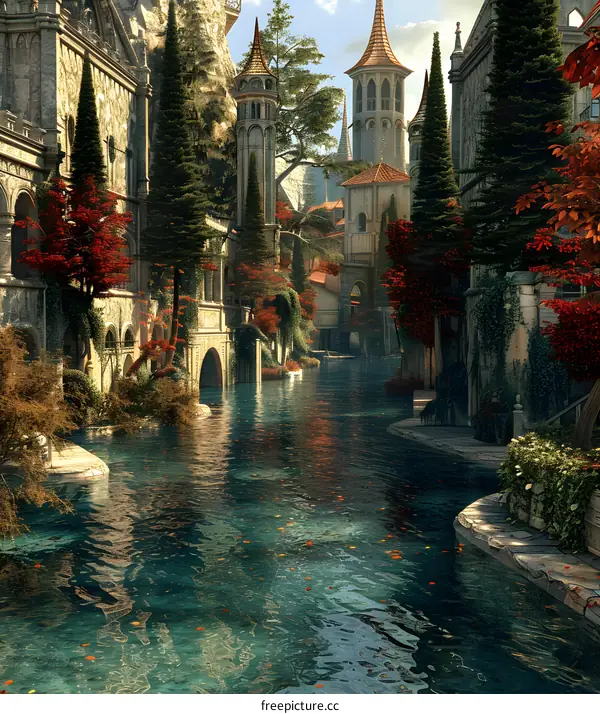 Fantasy Cityscape with River and Towers