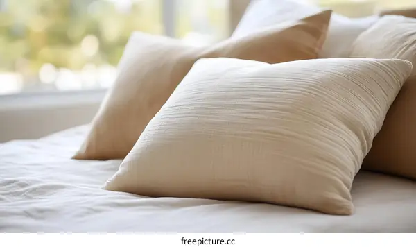 Beige Pillows on a White Bed
