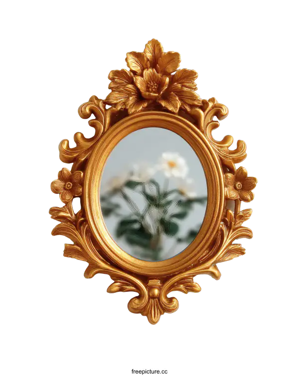 [Transparent Background PNG]Vintage Gold Floral Oval Wall Mirror