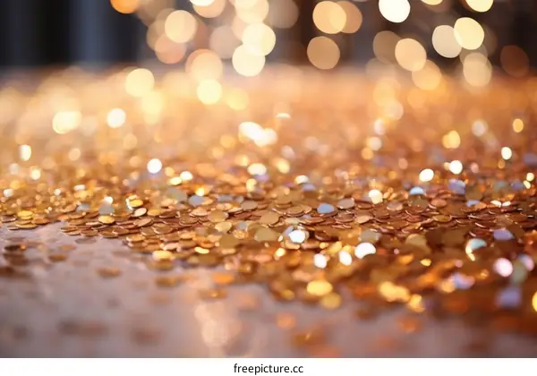 Gold glitter sparkles on a white surface with a blurred background of twinkling lights