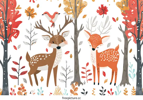 Cute Deer in Autumn Forest Illustration