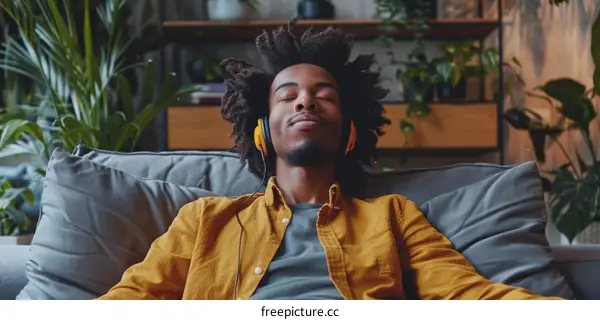 A young African-American man listens to music on his headphones