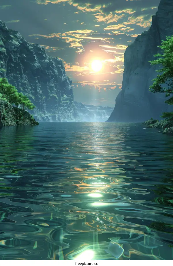 Breathtaking Fantasy Landscape with Serene Lake and Towering Mountains