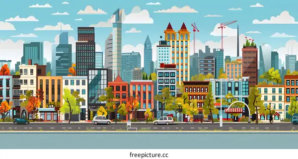 Modern Cityscape with Tall Buildings and Trees