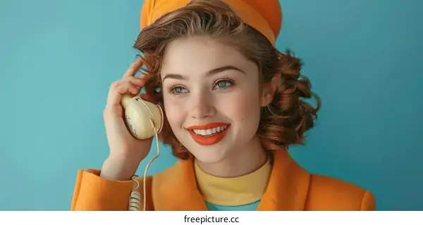 Smiling woman in orange beret talking on a rotary phone
