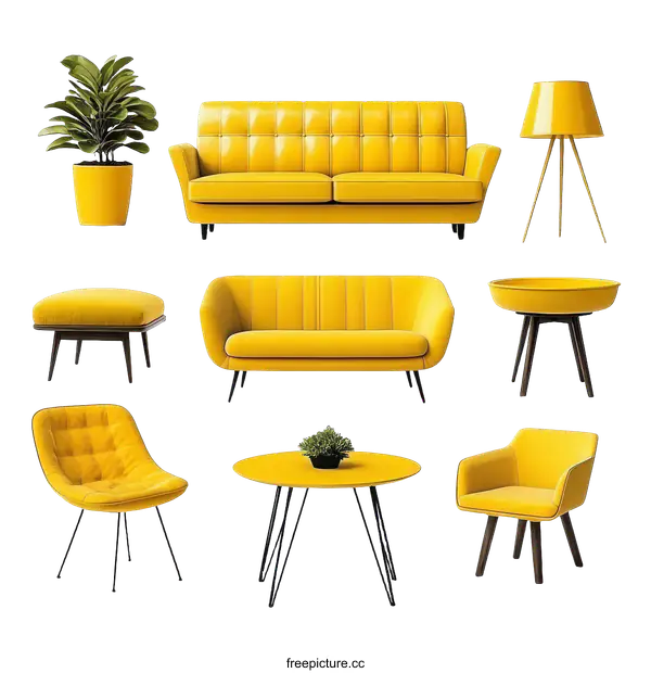 [Transparent Background PNG]Modern Yellow Furniture Set Against White Background