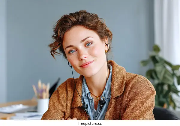 Young Caucasian Woman Wearing Headphones in Office Setting