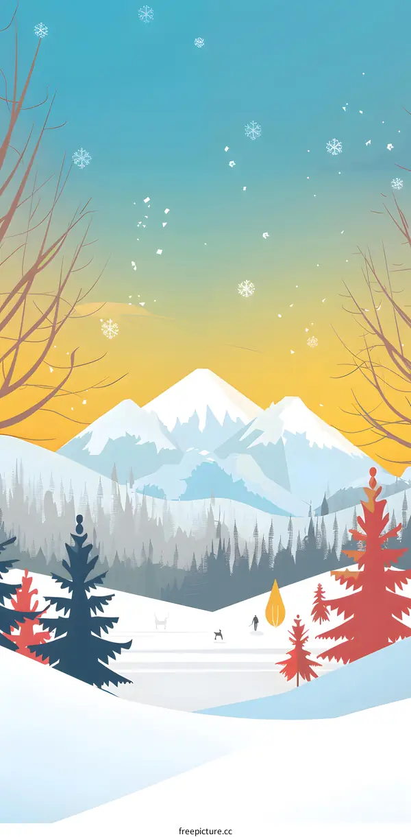 Winter Landscape Illustration with Mountains, Trees, and Snowflakes