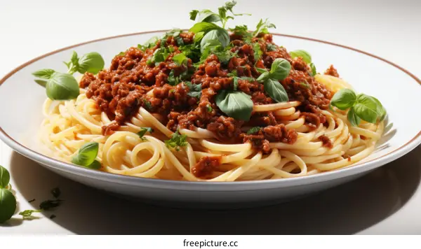 A delicious plate of spaghetti with minced meat and basil