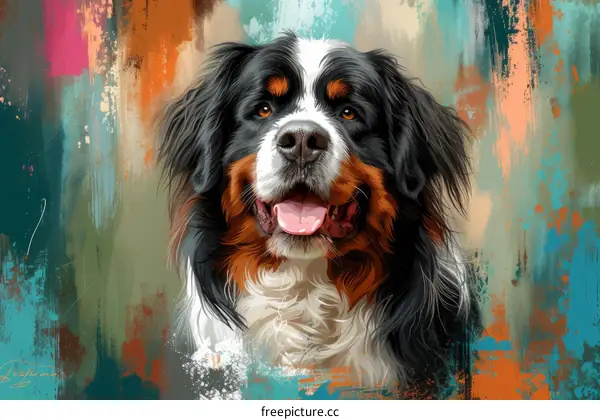 colorful portrait of a happy looking Bernese mountain dog