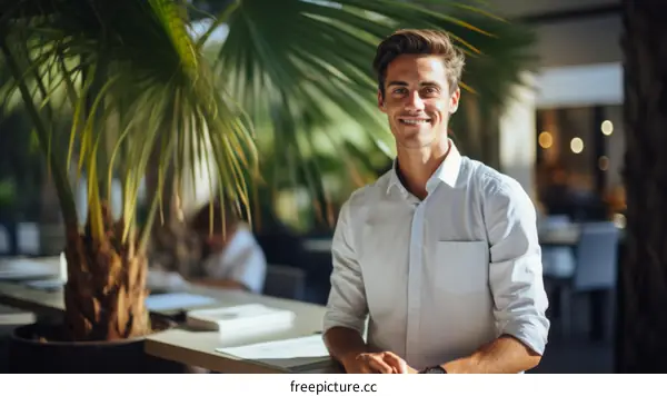 Young man standing in front of a palm tree