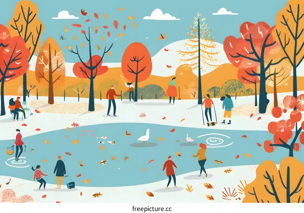 Autumn Park with People Enjoying the Fall Season