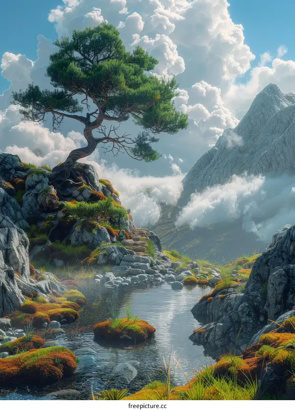 Misty Mountain Landscape with Majestic Tree