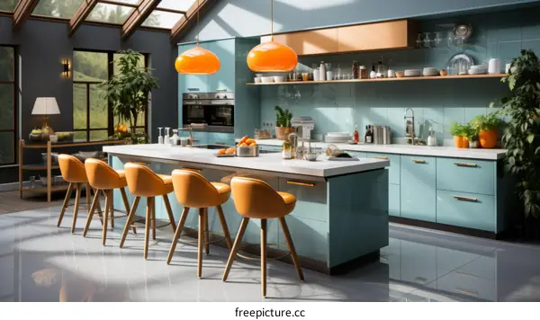 Blue and orange modern kitchen with large island and lots of natural light