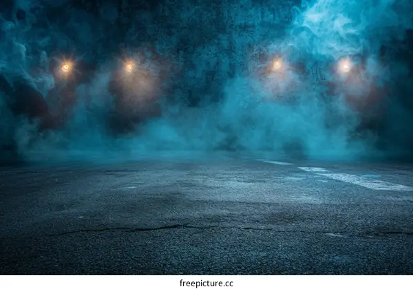 Dark and foggy empty room with three bright spotlights