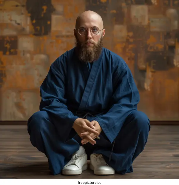 Bearded bald man in blue kimono squatting on the floor