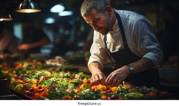 Chef carefully preparing a delicious salad