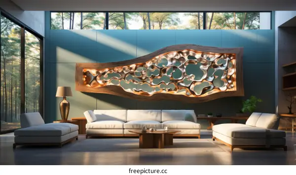 Artistic wooden wall sculpture in a modern living room