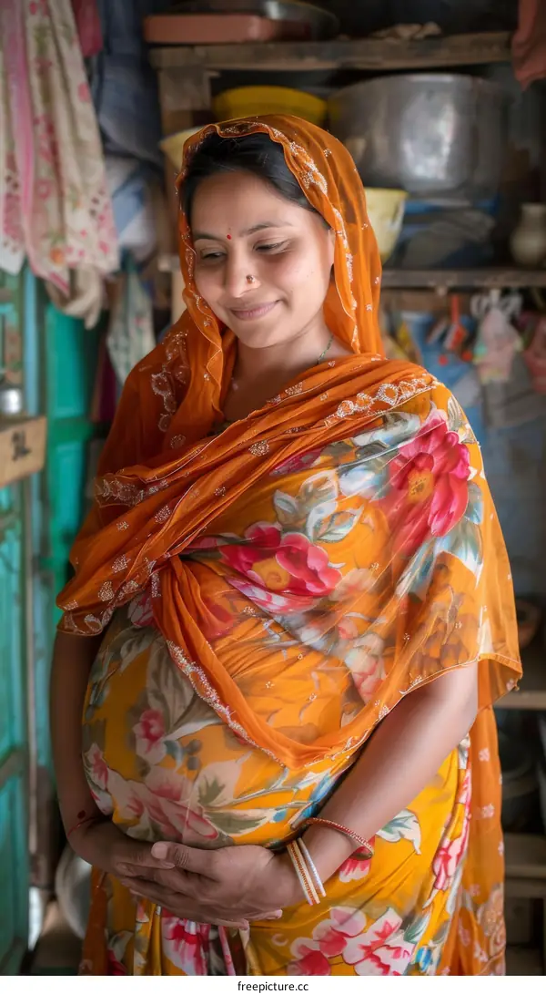 Portrait of a pregnant woman in a yellow floral sari