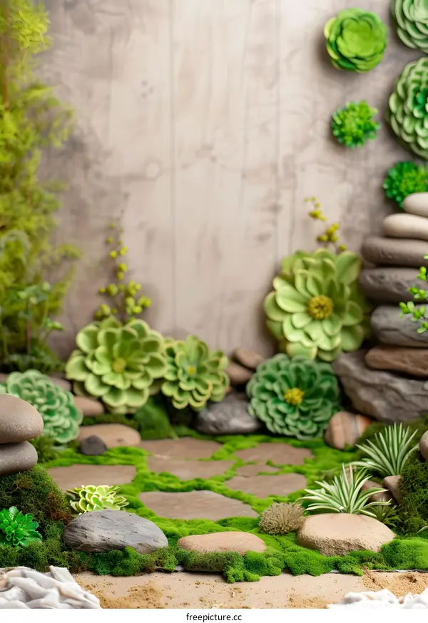 Green Moss Path With Rocks And Succulents