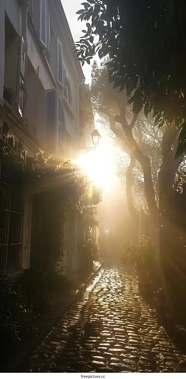 Cobblestone Street with Morning Sunlight