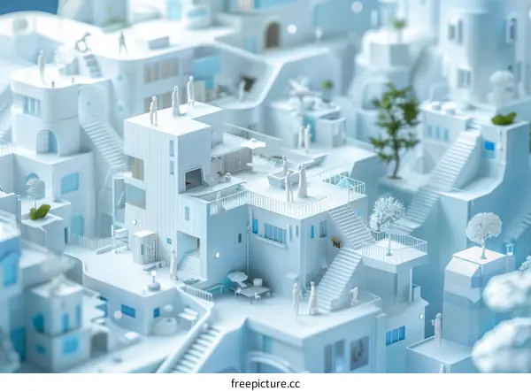 White City 3D Illustration with Blue Accents and Stairways