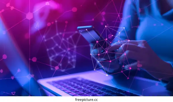 Businesswoman using smartphone and laptop with network connection lines