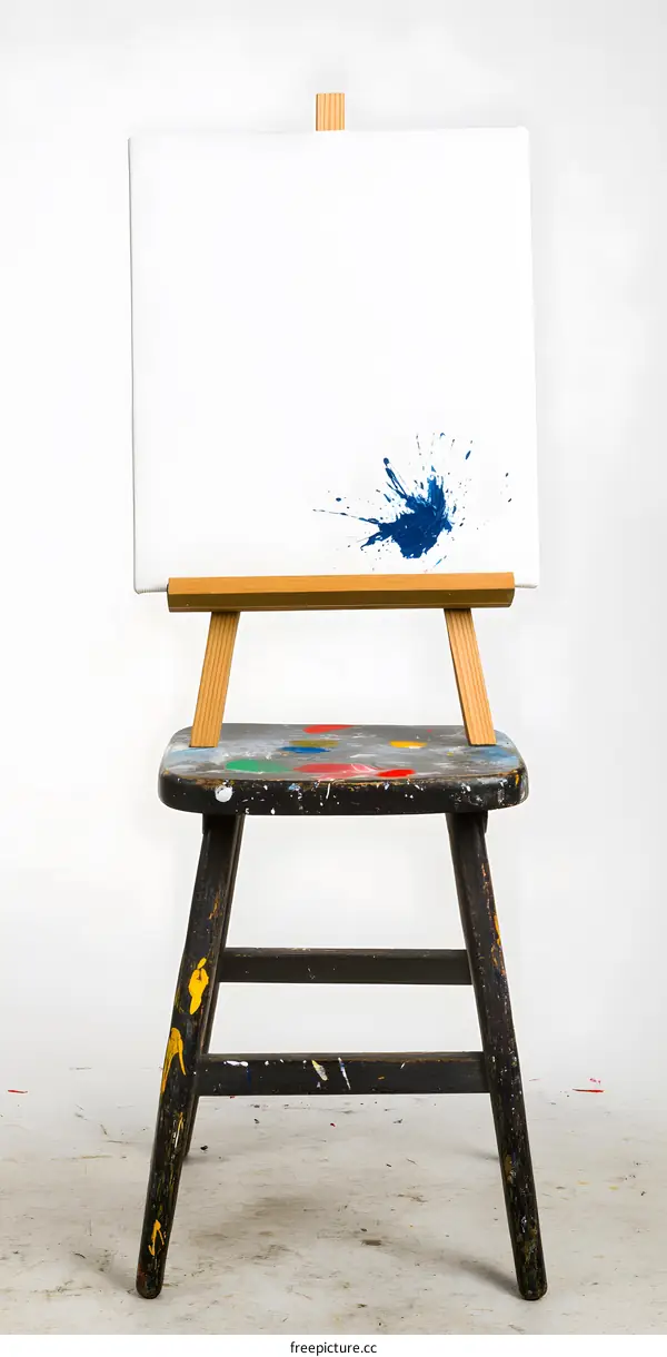 Blue Paint Splashes on Canvas on Easel