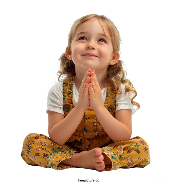 [Transparent Background PNG]Little Girl Sitting Cross Legged Praying With Her Hands Together